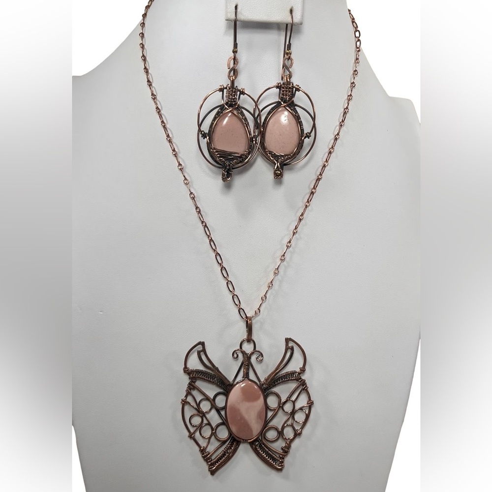 Copper Pink Opal Vintage Style Butterfly Gemstone Necklace & Earrings Set